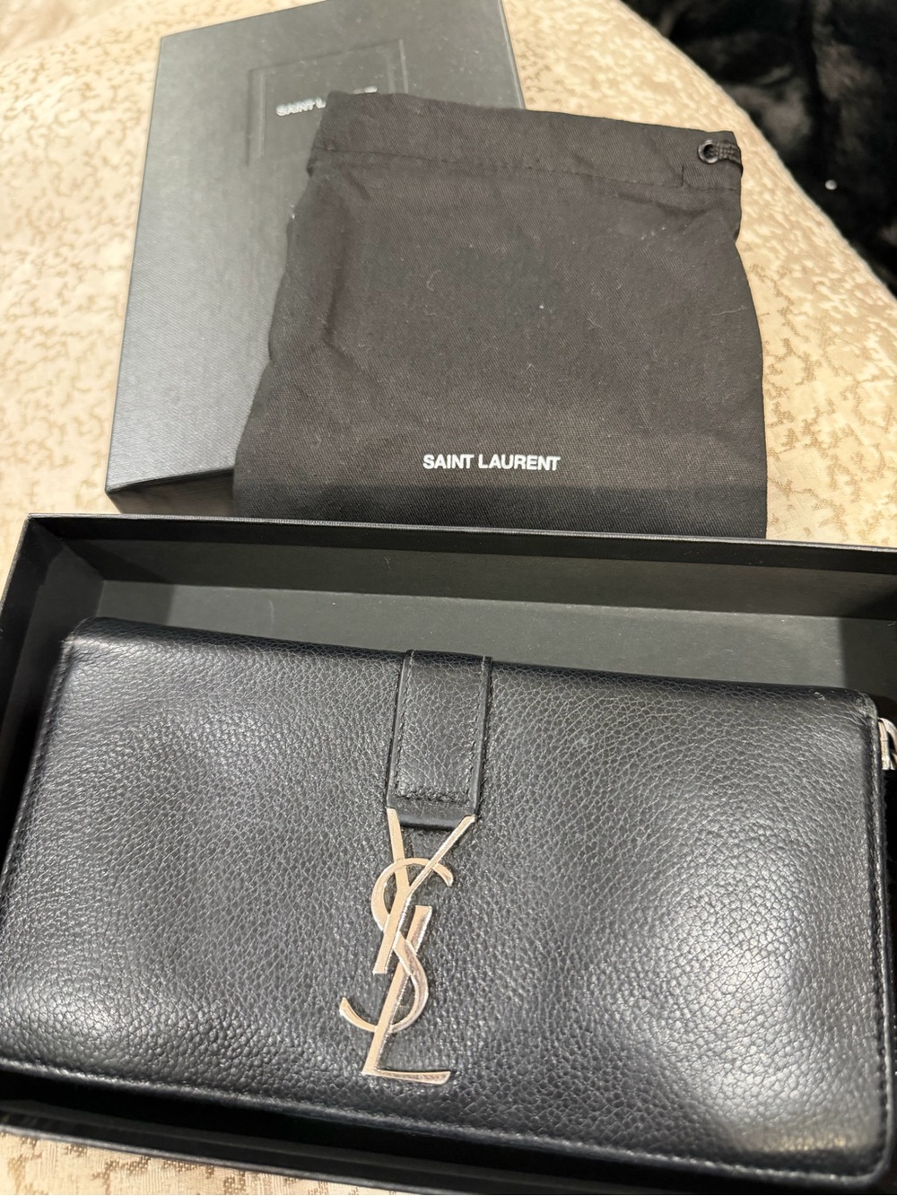 Saint Laurent Black Leather YSL Logo Continental Wallet
